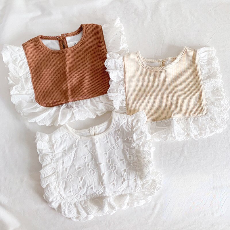 Korean Version Cotton Baby Girl Bib Blouse Drool TowelsWhite Nylon Lace Solid Color Toddler Kids Burp Clothes